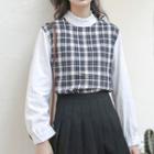Plaid Panel Long-sleeve Top Blue - One Size