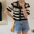Short-sleeve Collar Striped Knit Top Stripes - Black & White - One Size
