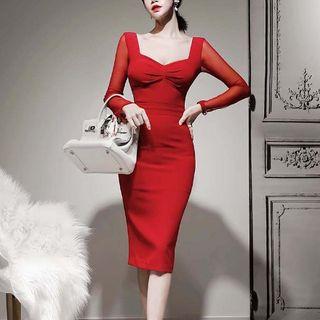 Sweetheart Neckline Mesh Long-sleeve Sheath Dress
