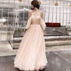 Long-sleeve Cold-shoulder Embellished A-line Gown