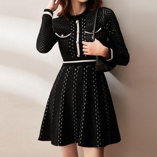 Long-sleeve Contrast Trim Knit Mini A-line Dress