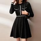 Long-sleeve Contrast Trim Knit Mini A-line Dress