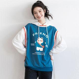 Bear Print Panel Hoodie