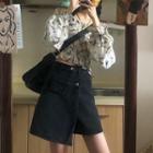 Print Blouse / Denim Mini A-line Skort