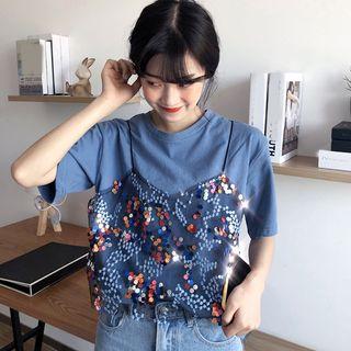 Mock-two Sequined Loose-fit Short-sleeve T-shirt