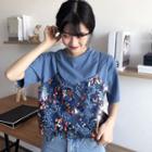 Mock-two Sequined Loose-fit Short-sleeve T-shirt