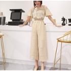 Short-sleeve Checker Cropped Wide-leg Jumpsuit