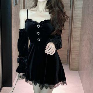 Long-sleeve Off-shoulder Velvet Mini A-line Dress