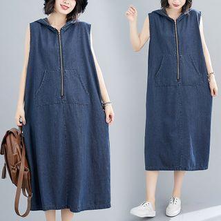Hooded Sleeveless A-line Denim Dress