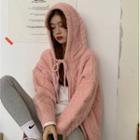 Hooded Zip-up Cable Knit Cardigan Pink - One Size