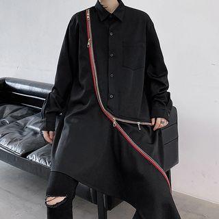 Over-sized Plain Long-sleeve Shirt With Zip