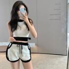 Embossed Contrast-edge Crop Knit Tank Top / High-waist Shorts