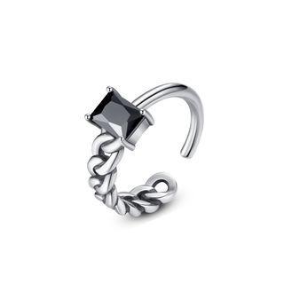 925 Sterling Silver Fashion Simple Geometric Rectangular Black Cubic Zircon Asymmetric Adjustable Open Ring Silver - One Size