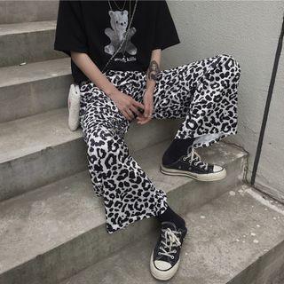Elastic-waist Leopard Straight Leg Pants