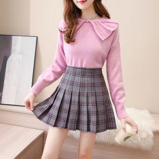 Set: Ruffled Collared Knit Top + Check Skirt