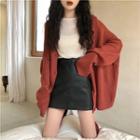 Cardigan / Faux Leather A-line Mini Skirt
