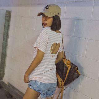 Short-sleeve Striped Cutout Back T-shirt Stripes - Pink & White - One Size