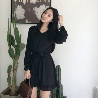 Plain Long Sleeve Flared Dress