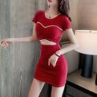 Contrast Trim Cut-out Short-sleeve Mini Sheath Dress