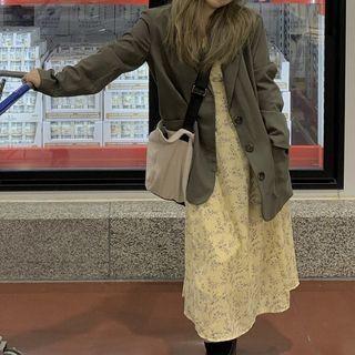 Single-breasted Blazer / Long-sleeve Floral Print Midi A-line Chiffon Dress
