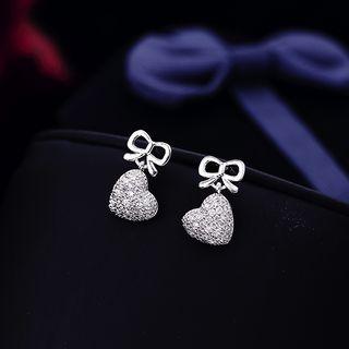 Rhinestone Bow & Heart Dangle Earring Silver - One Size