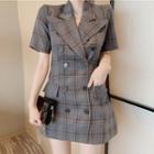Short-sleeve Double-breasted Plaid Mini A-line Dress Plaid - Gray - S