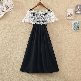 Set: Spaghetti Strap Midi A-line Dress + Lace Capelet