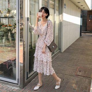 Pleated-layered Midi Floral Dress With Sash