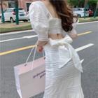 Puff-sleeve Crop Top / Tie-waist Midi Mermaid Skirt