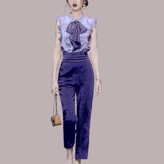 Set: Sleeveless Ruffle Trim Top + Cropped Pants