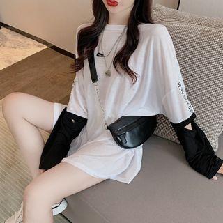 Mock Two-piece Long-sleeve Cutout Lettering Print T-shirt