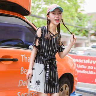 Cold Shoulder Striped Short-sleeve A-line Dress