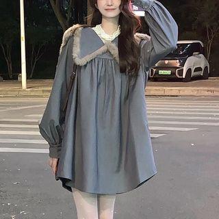 Long-sleeve Collar A-line Dress Gray - One Size