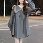 Long-sleeve Collar A-line Dress Gray - One Size