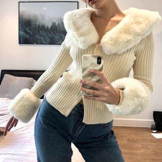 Fleece Panel Cardigan Beige - One Size