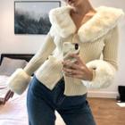 Fleece Panel Cardigan Beige - One Size