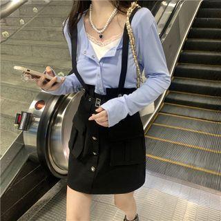 Mock Two Piece Lace Trim Plain Cardigan / Plain Overall Dress