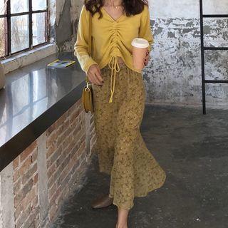 V-neck Plain Drawstring Knit Sweater / High-waist Floral Mermaid Skirt