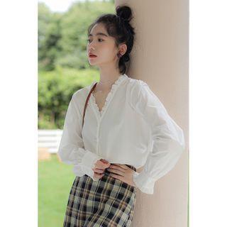 Lace Trim V-neck Long-sleeve Blouse White - One Size