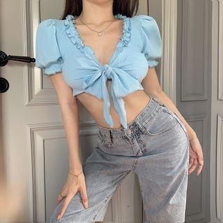 Short-sleeve Ruffle Bow Accent Crop Top Blue - One Size