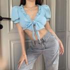 Short-sleeve Ruffle Bow Accent Crop Top Blue - One Size