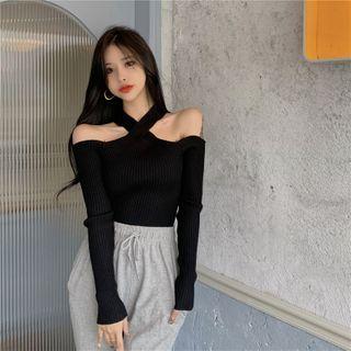 Halter Choker Cold-shoulder Knit Top