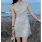 Mandarin Collar Sleeveless Mini A-line Lace Dress