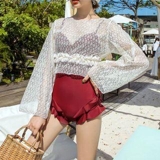 Set: Spaghetti-strap Ruffled Swimsuit + Cover-up