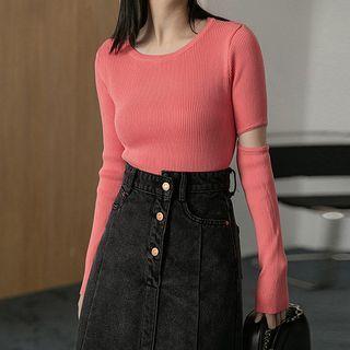 Round Neck Plain Long-sleeve Cut-out Top
