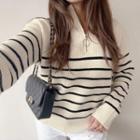 Long Sleeve Zip-detail Striped Loose-fit Sweater Black & White - One Size