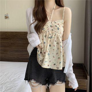 Strappy Floral Print Flowy Camisole Top / Light Cardigan