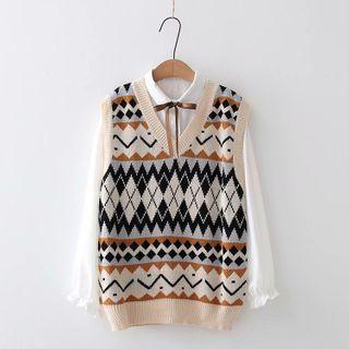 Set: Plain Shirt + V-neck Patterned Knit Vest
