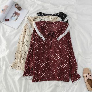 Lace Trim Dotted Tie-neck Chiffon Top
