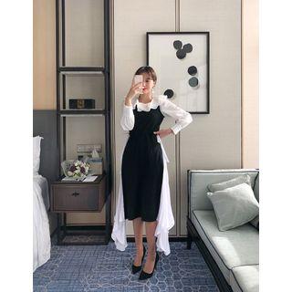 Set: Pleated-panel Midi Dress + Ruffle-collar Blouse Black - One Size